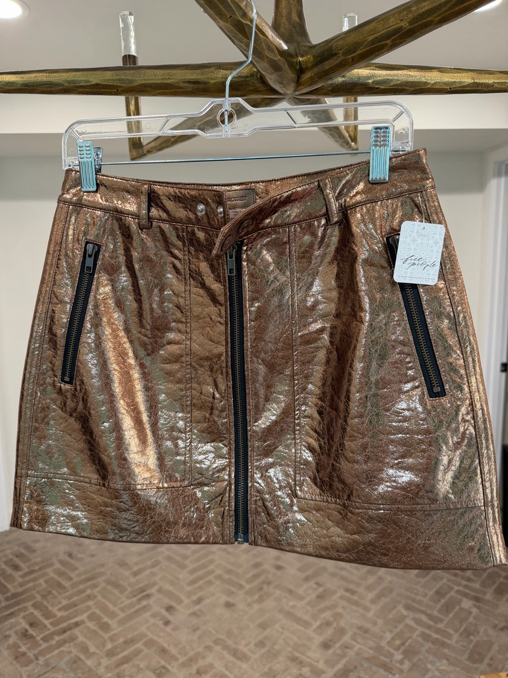 MOTHER Metallic Bronze Zip-Front Mini Skirt
